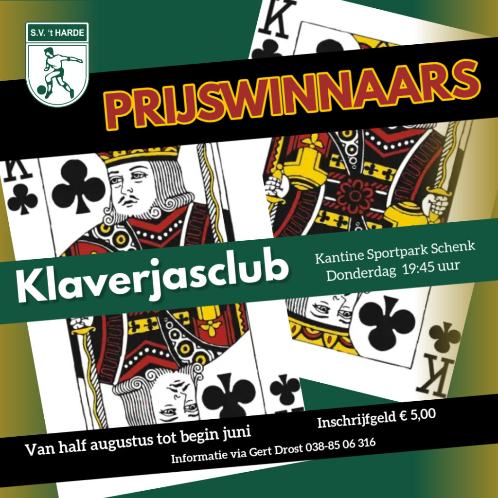 Prijswinnaars van het klaverjassen op donderdag 30 april 2026 bij de klaverjasklub “S.V. ’t Harde”.