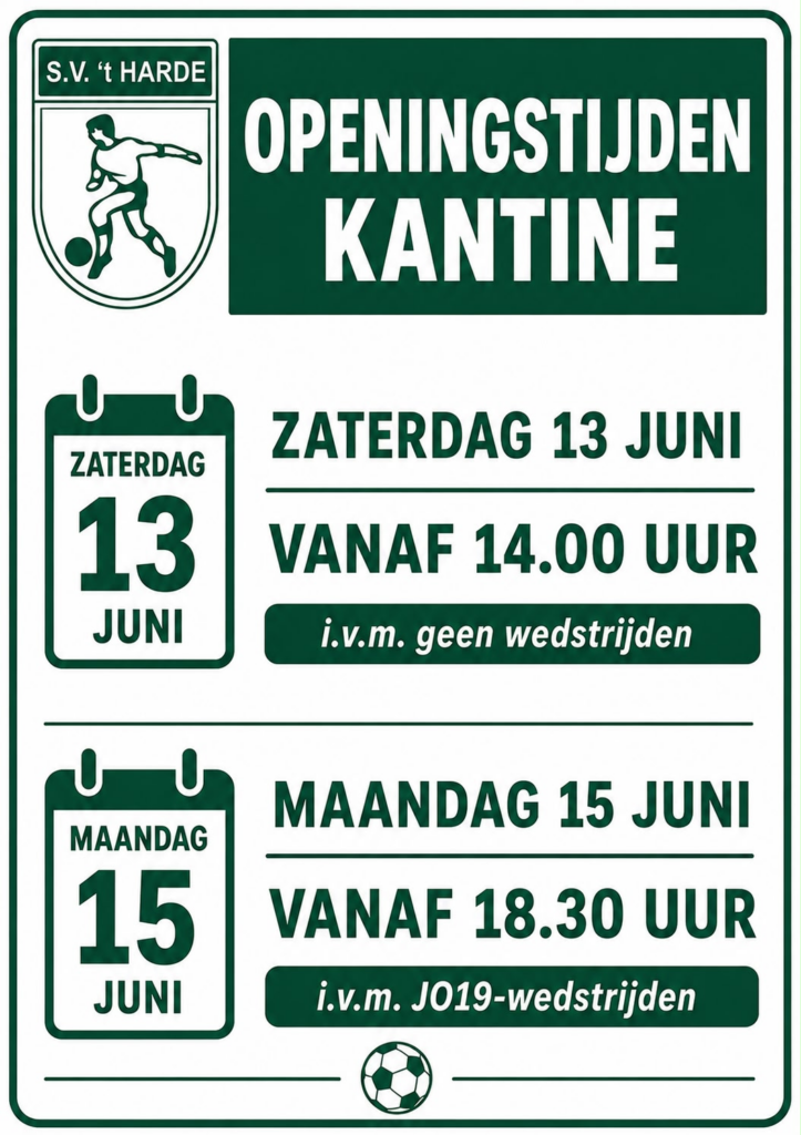 Openingstijden kantine komende week