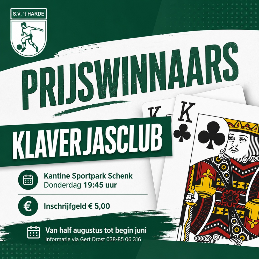 Prijswinnaars van het klaverjassen op donderdag 20 augustus 2026 bij de klaverjasklub “S.V. ’t Harde”.